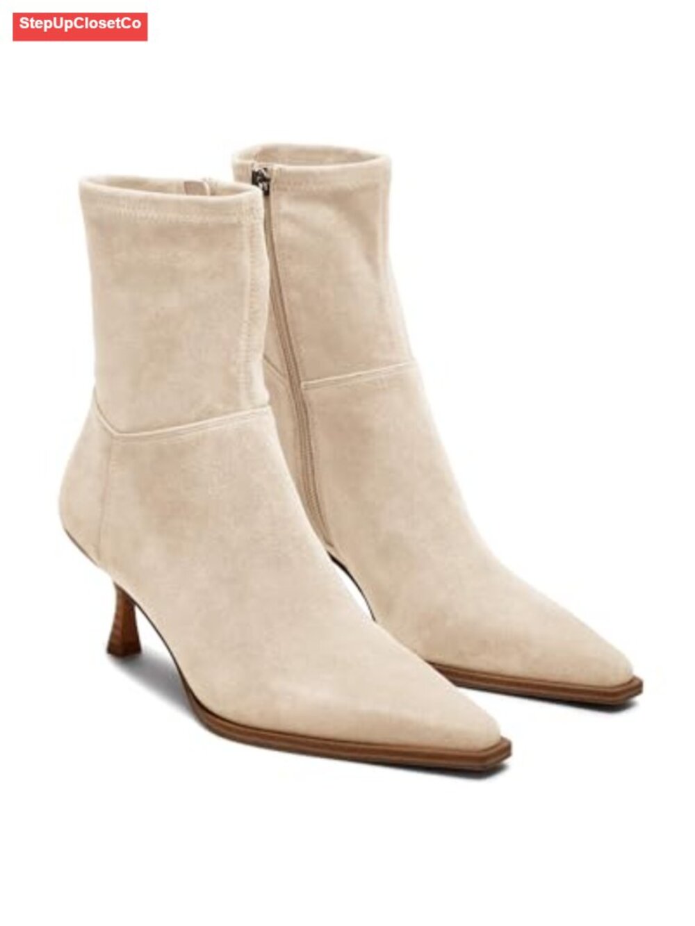 Coutgo Women's Kitten Heel Ankle Boots Pointed Toe Side Zipper Faux Suede
